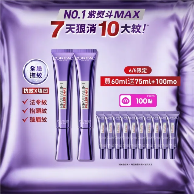 【L’OREAL Paris 巴黎萊雅】玻尿酸眼霜級撫紋精華霜30ml_2入(紫熨斗MAX3.0)
