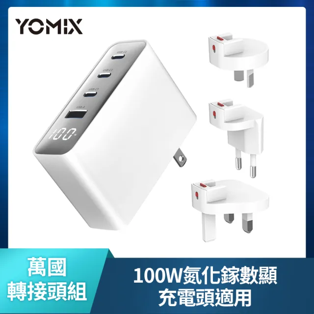 【YOMIX 優迷】萬國轉接頭組★100W氮化鎵數據顯示四孔快充充電器(Type-C/USB/筆電快充/豆腐頭/充電頭/I18適