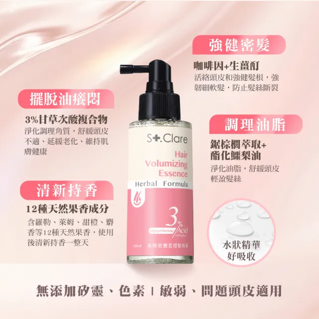 【St.Clare 聖克萊爾】高機能(豐盈健髮精華100ml+涼感護色頭皮淨化液200ml)