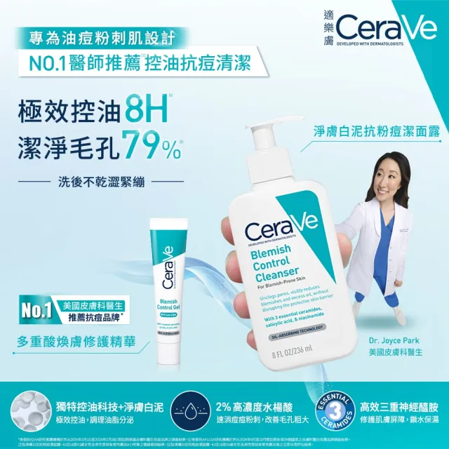 【CeraVe適樂膚】清爽淨膚加強組★淨膚白泥抗粉痘潔面露 236ml+長效清爽保濕乳473ml(控油抗粉痘/水楊酸)