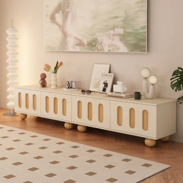 HANACO 奶油風落地電視櫃 160*34*43cm 現代簡約小戶型櫃子 家用大容量收納電視置物櫃