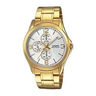 【CASIO 卡西歐】時尚精選 三眼計時 指針男錶 金色 不鏽鋼錶帶 生活防水 (MTP-V301G)