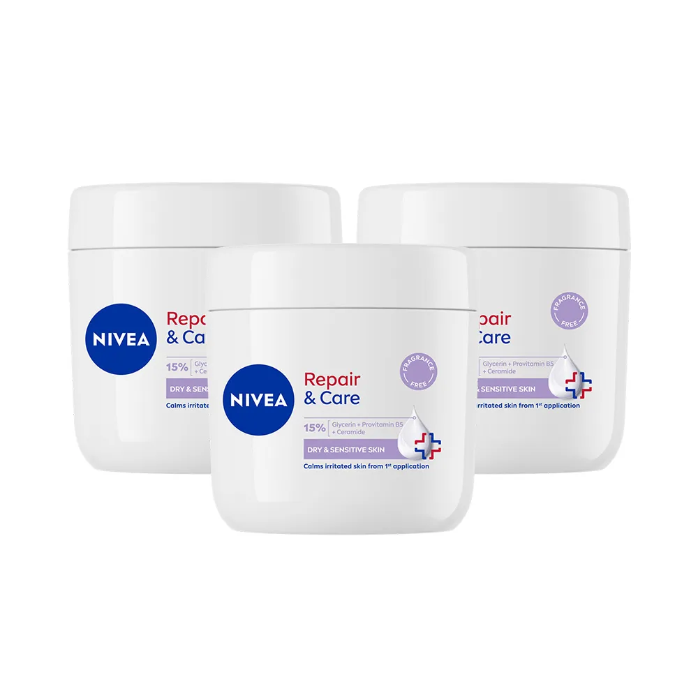 【NIVEA 妮維雅】極潤低敏修護乳霜-無香版400mlx3入(舒緩乾癢/臉部身體乳霜/敏感肌)新品上市