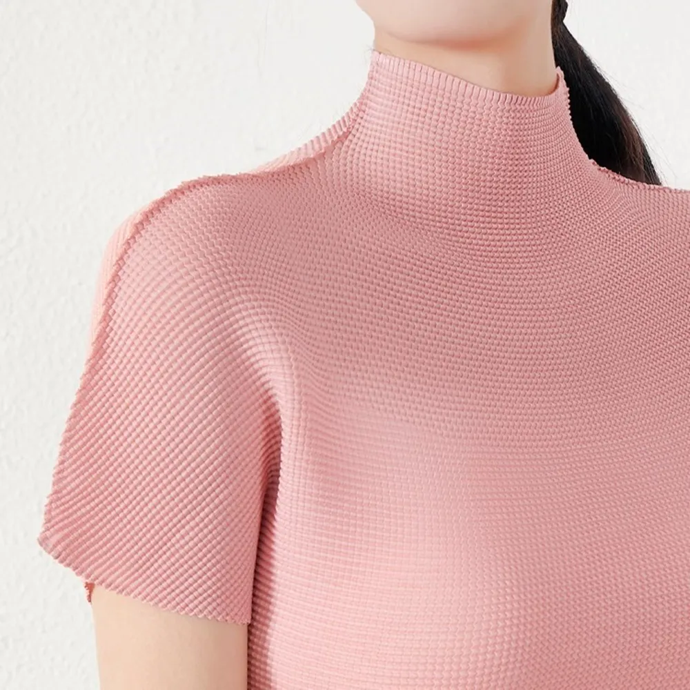 【米蘭精品】現貨+預購 三宅風皺褶衣服褶皺上衣摺衣彈力女裝顯瘦折衣大碼(短袖立領T恤7色74fg3)