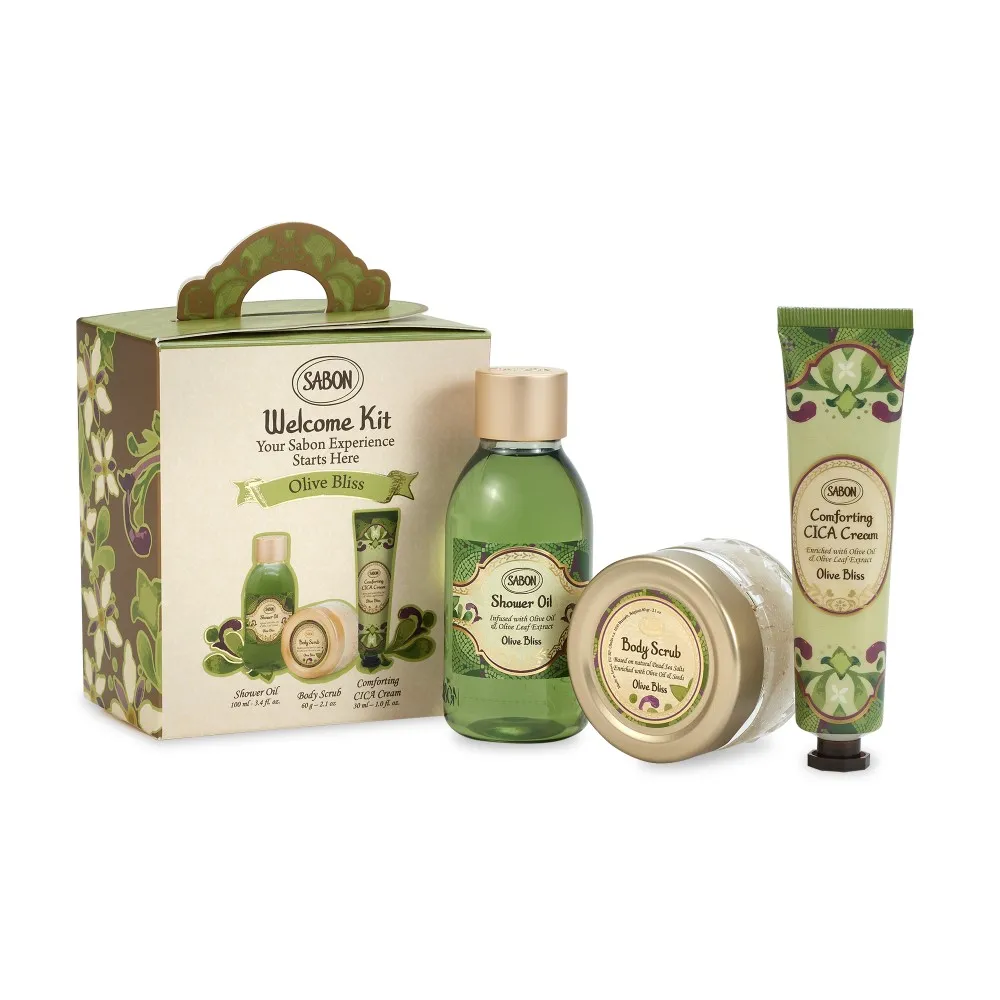 【SABON】官方直營 盛宴橄欖明星三部曲推薦組(沐浴油100ml+身體磨砂膏60g+積雪草修護霜30ml)