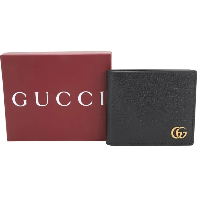 【GUCCI 古馳】GG MARMONT 壓紋牛皮4卡對開短夾-黑色