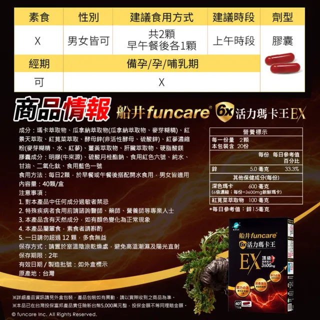 【funcare 船井生醫】6X活力瑪卡王膠囊EX 40顆/盒x3 (添加鋅/紅景天/瓜拿納/紅蔘/薑黃/增強體力)