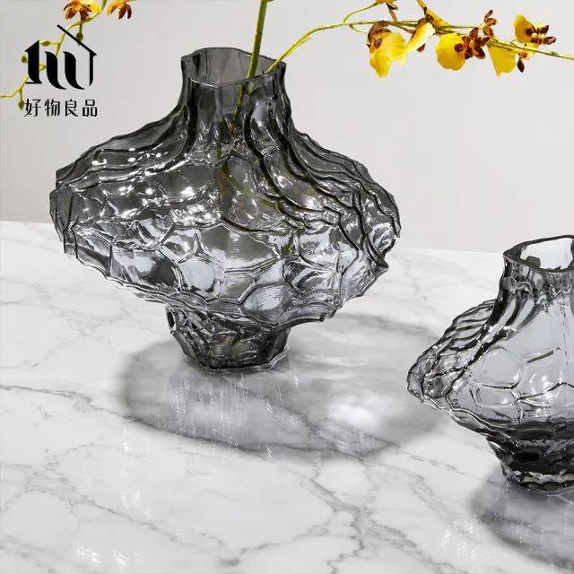 【好物良品】矮款_日系侘寂風水波紋藝術裝飾花瓶｜不規則岩石玻璃花瓶 客廳花瓶 玻璃花器 花藝術