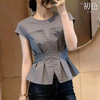 【初色】法式純色圓領短袖收腰皺褶假兩件拼接T恤上衣女上衣-共2色-51534(M-4XL可選)