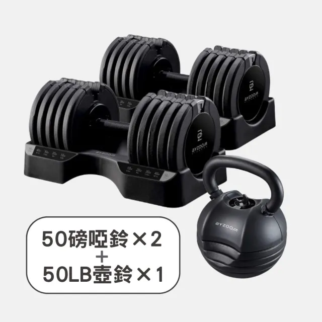【BYZOOM FITNESS】Pure Series 50lb/約22.6kg 5段重量可調式啞鈴雙入+50lb/約22.6kg 5段重量可調式壺鈴 黑