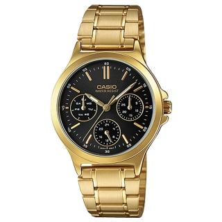 【CASIO 卡西歐】金色年華 氣質指針 三眼女錶 黑金 不鏽鋼錶帶 生活防水 (LTP-V300G)