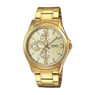 【CASIO 卡西歐】時尚精選 三眼計時 指針男錶 金色 不鏽鋼錶帶 生活防水 (MTP-V301G)
