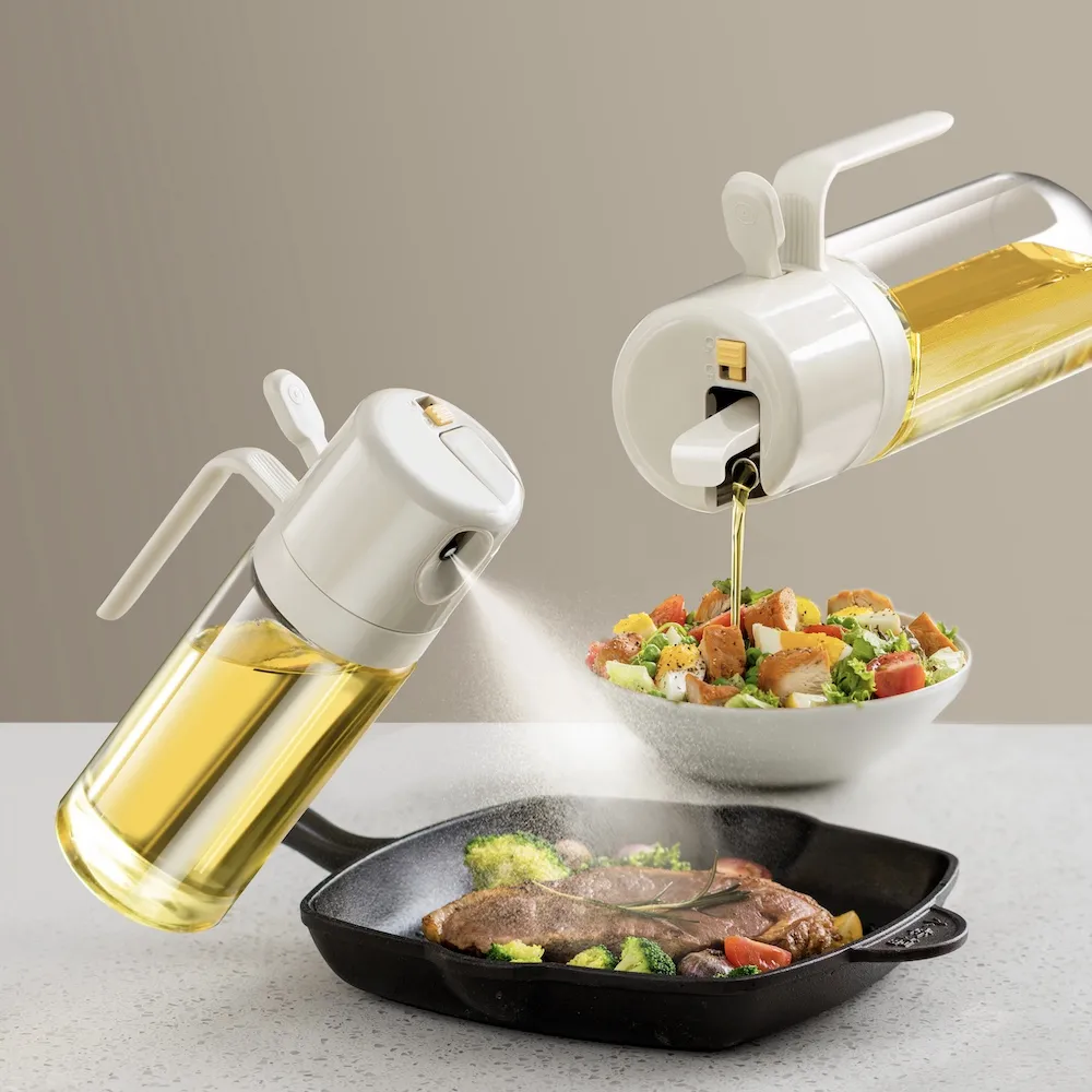 【WindHouse 北歐小舖】廣角噴倒兩用油壺_600ml(升級高硼硅玻璃/噴油瓶/噴油壺/玻璃/橄欖油/不沾鍋/氣炸鍋)