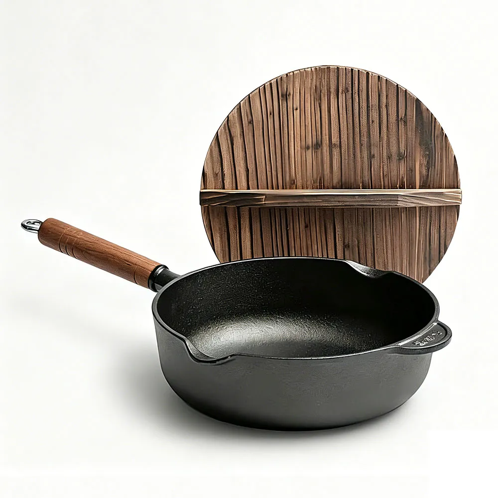 【匠藝家居】無塗層不粘生鐵鍋 煎鍋 平底鍋 炒菜鍋 27cm 木蓋/玻璃蓋 高強聚能 一體成型 健康不粘 不挑爐灶