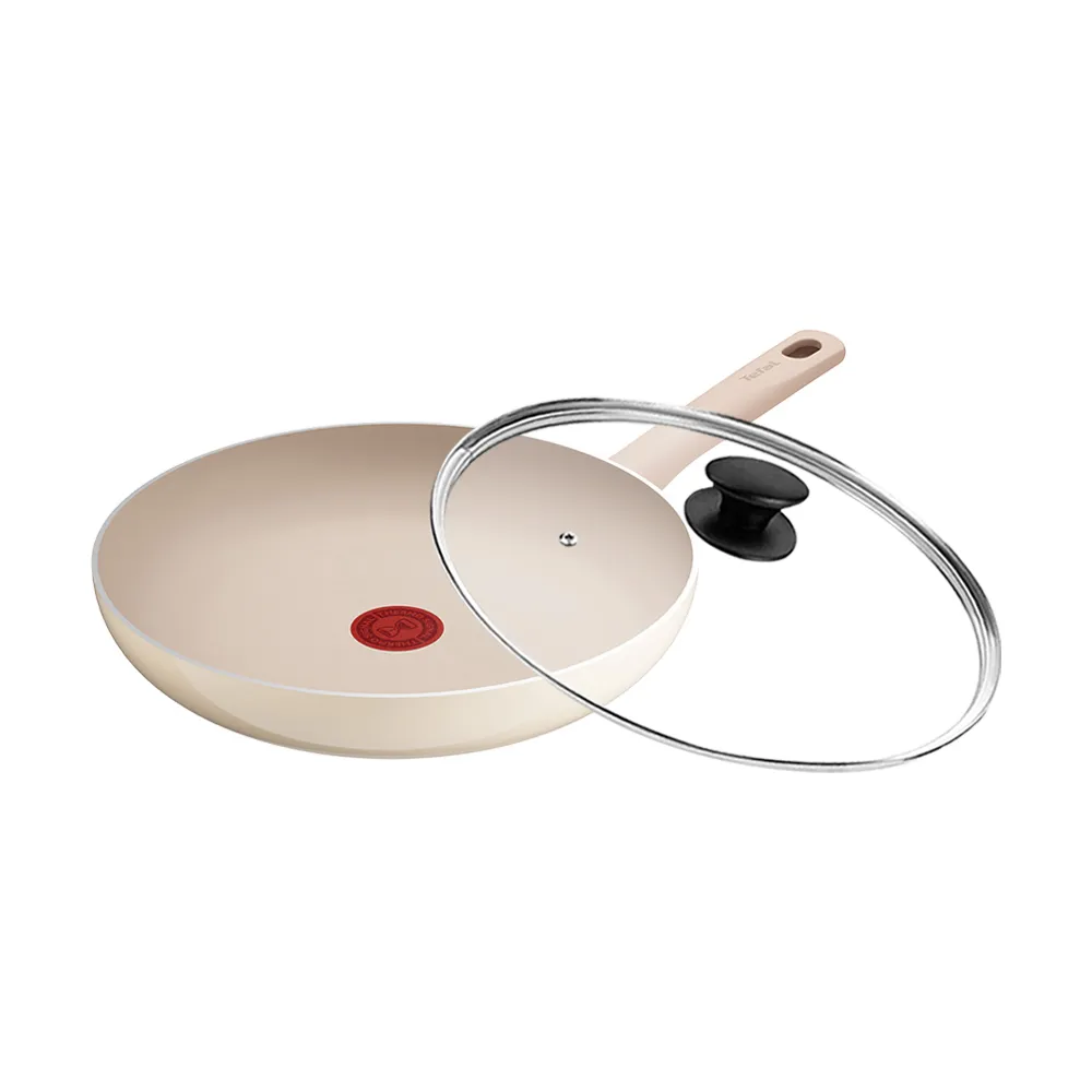 【Tefal 特福】法國製 香草牛奶系列28CM不沾鍋平底鍋+玻璃蓋