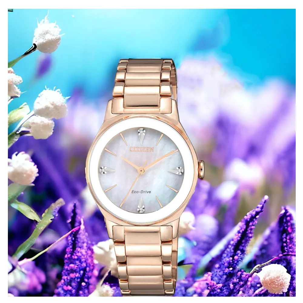 【CITIZEN 星辰】優雅氣質 光動能 女錶 玫瑰金色 珍珠母貝  禮物(EM0738-80D 送禮首選)