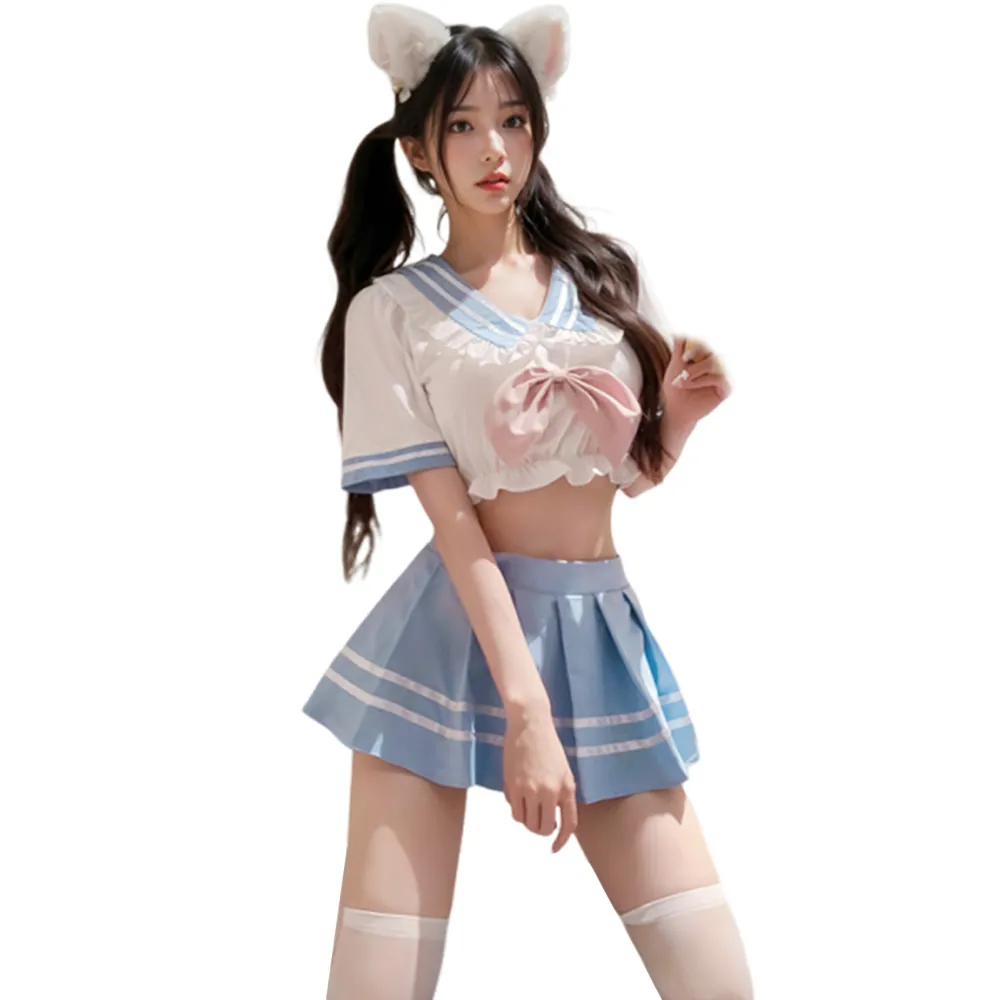 【愛衣朵拉】水手服 可愛小蘿莉 白色短上衣 水藍色萌系百摺裙(角色扮演套裝制服)