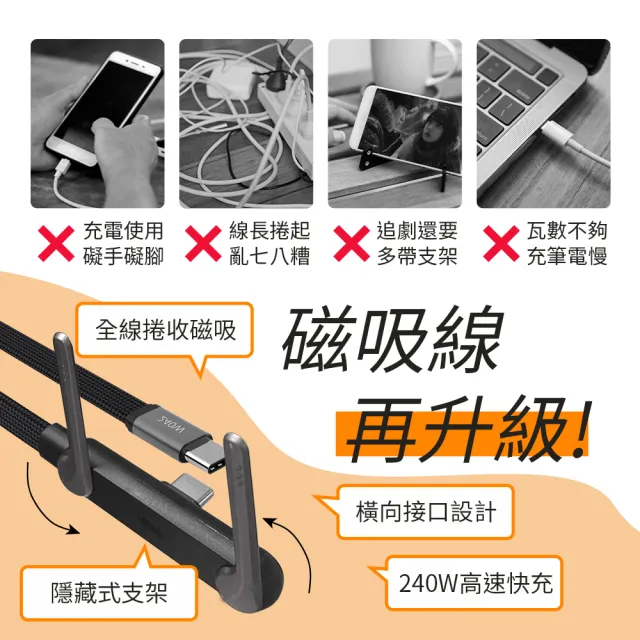 【YOMIX 優迷】Type-C PD240W快充折疊支架磁吸收納編織充電線1.5M(筆電/手機/平板通用/極速閃充/追劇支架)