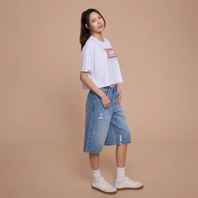 【Lee】女裝 牛仔短褲 / 寬鬆慵懶風 刷破 膝下短褲 JORTS 中藍洗水 / LB622018815