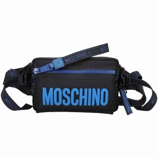【MOSCHINO】矽膠字母尼龍拚牛皮胸肩背 腰包 (黑x藍)