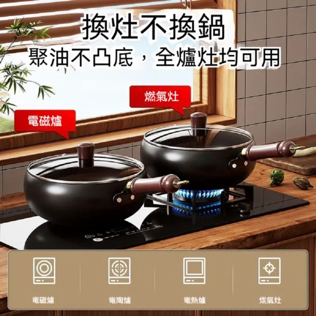禾日優品 0塗層不粘大肚鍋 不沾鍋 炒鍋 平底鍋 22cm 0塗層 不粘鍋 免開鍋 不挑爐灶 木蓋/玻璃蓋