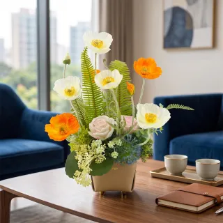 【HUGO DECO 榆果傢飾】橘白虞美人皮革盆香氛花藝(擬真花/香氛/送花/入厝/送禮)