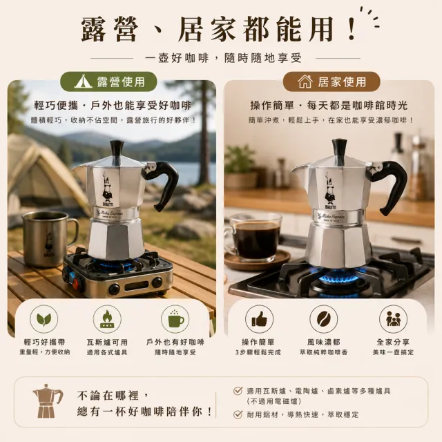 【Bialetti 比亞樂堤】經典摩卡壺MOKA-6杯份(義式濃縮/露營咖啡壺/免插電咖啡機/原廠保固2年)