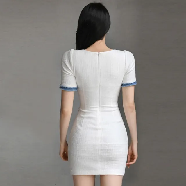 【RoseMi 瑰覓】小香風銀釦牛仔毛邊小格棉短袖洋裝FE13225性感洋裝小禮服宴會婚禮夜店洋裝派對洋裝