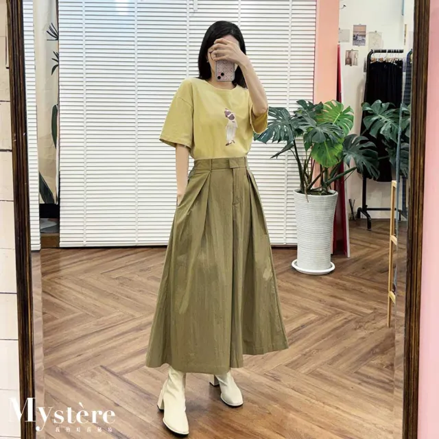 【my stere 我的時尚秘境】顯瘦打摺A字寬褲 卡其綠 傘襬寬褲 大寬褲 褲裙 鬆緊褲 A字裙