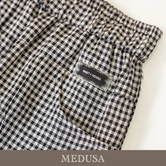 【MEDUSA 曼度莎】現貨-晨霧灰黑格亞麻七分寬褲（M-XL）｜亞麻寬褲 七分褲 休閒穿搭