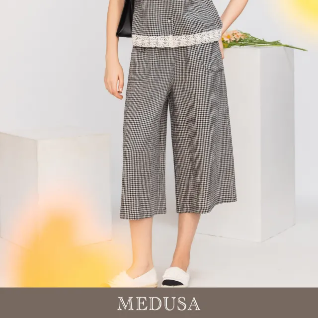 【MEDUSA 曼度莎】現貨-晨霧灰黑格亞麻七分寬褲（M-XL）｜亞麻寬褲 七分褲 休閒穿搭