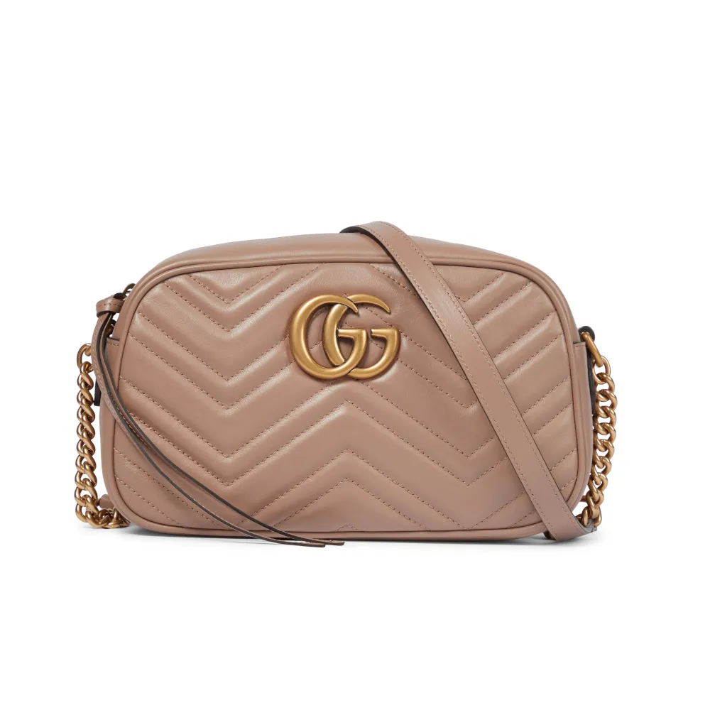 【GUCCI 古馳】GG Marmont Small 小款 皮革 山形紋 肩背 相機包 裸粉色 24公分 447632