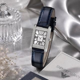 【EMPORIO ARMANI】亞曼尼 AR11718 Two-Hand 晶鑽方形珍珠貝 20*26mm 真皮錶帶 質感手錶