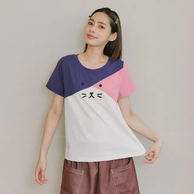 【Dailo】小花貓刺繡色塊拼接棉T 藍 黑 黃