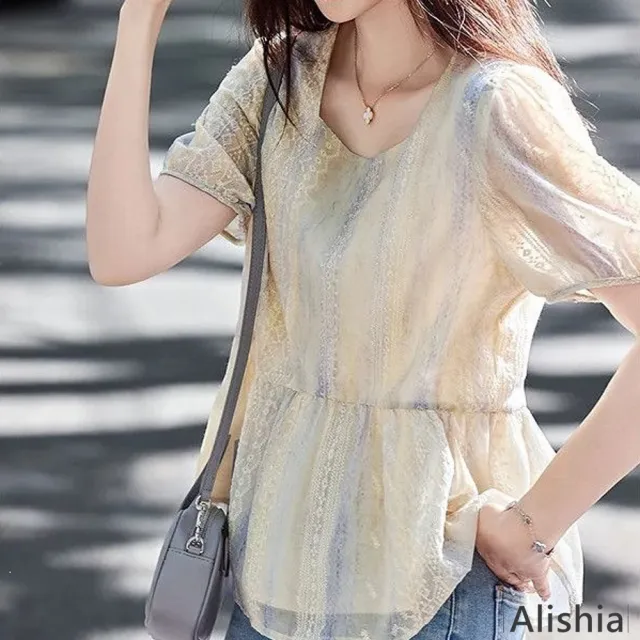 【Alishia】優雅蕾絲質感公主袖輕薄上衣 M-2XL(黃色)
