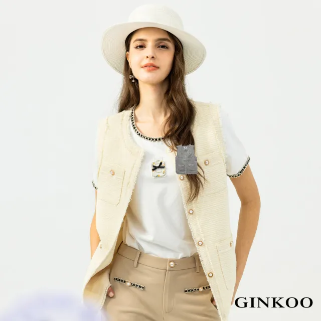 【GINKOO 俊克】小香感珍珠釦袖鬚背心