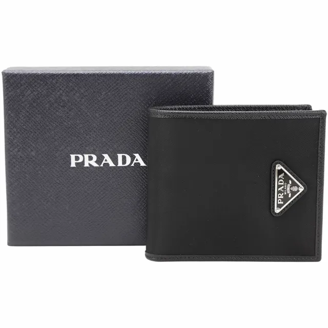 【PRADA 普拉達】Saffiano 三角牌防刮牛皮x尼龍8卡對折短夾(黑色)