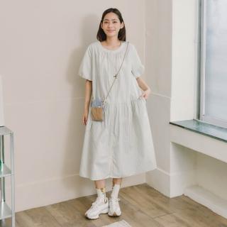 【Dailo】鈕釦熊撞色條紋棉花苞袖洋裝 藍 卡 米