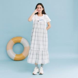 【Dailo】貓咪刺繡A字拼接細褶洋裝 藍 黃