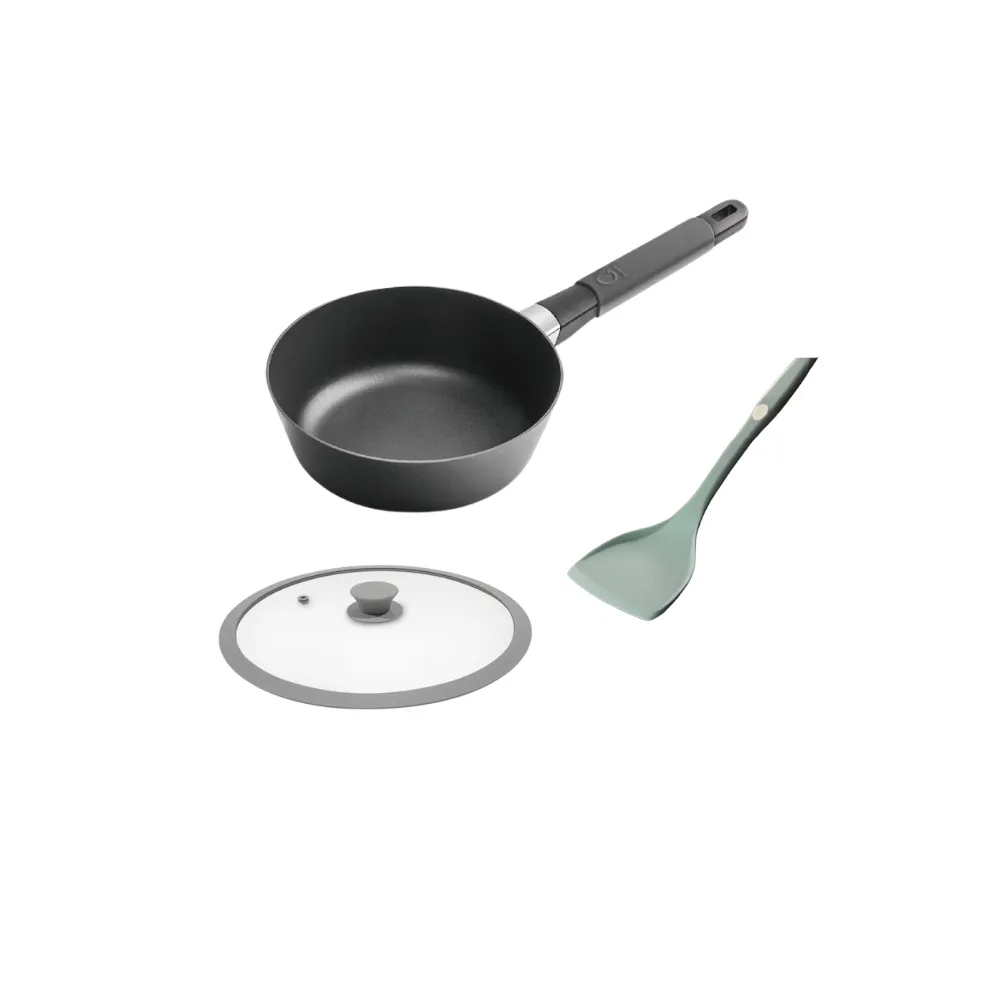 【UCOM 瑞康屋】丹麥Squality可導磁輕鑄鍋20cm灰(+矽膠玻璃蓋20cm+炫彩矽膠煎匙)