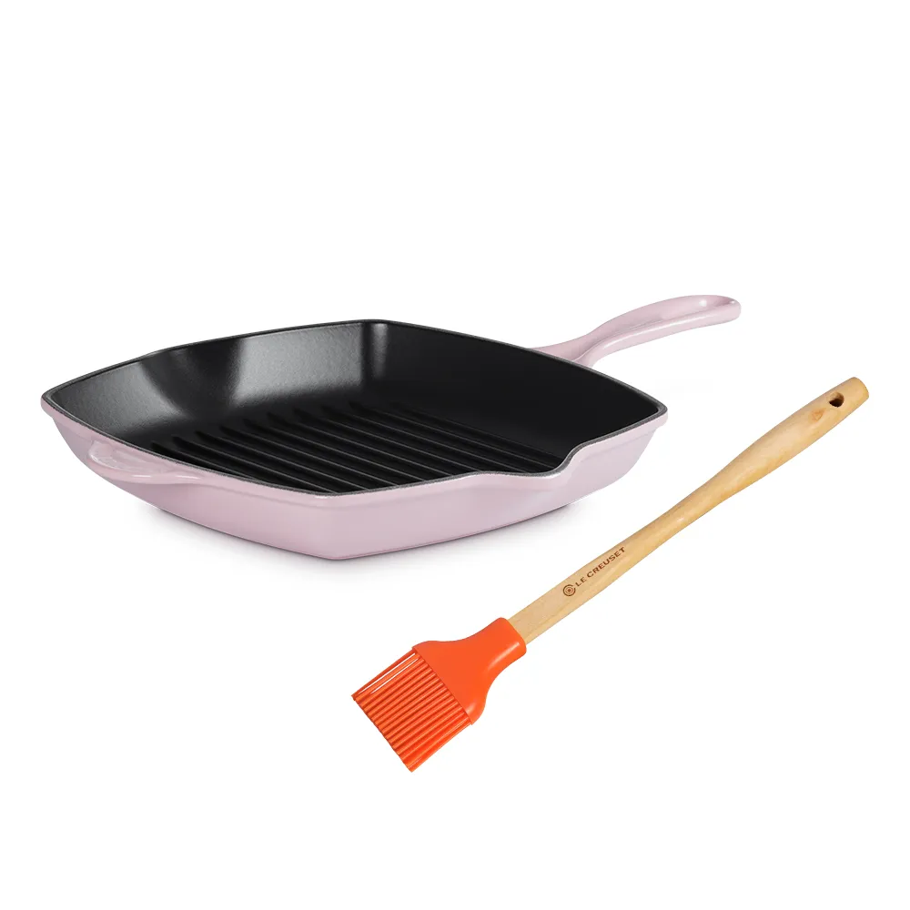 【Le Creuset】琺瑯鑄鐵單柄方鐵烤盤 雪紡粉/藍鈴紫 2色選1(贈 B油刷-火焰橘)