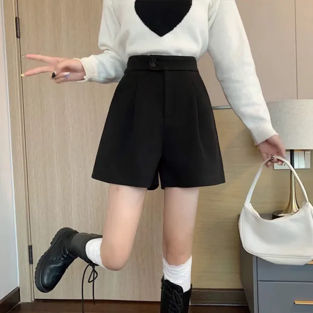 【TONYU 童嶼】女裝秋冬高腰A字短褲 顯瘦修身百搭寬褲腿短褲 毛呢舒適短褲