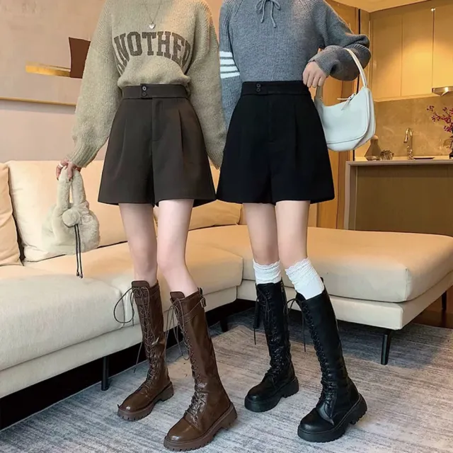 【TONYU 童嶼】女裝秋冬高腰A字短褲 顯瘦修身百搭寬褲腿短褲 毛呢舒適短褲