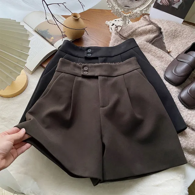 【TONYU 童嶼】女裝秋冬高腰A字短褲 顯瘦修身百搭寬褲腿短褲 毛呢舒適短褲