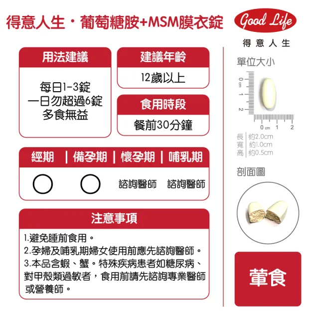 【得意人生】新葡萄糖胺+MSM軟骨素 膜衣錠6入組(共360錠 二型膠原蛋白 玻尿酸 D3)
