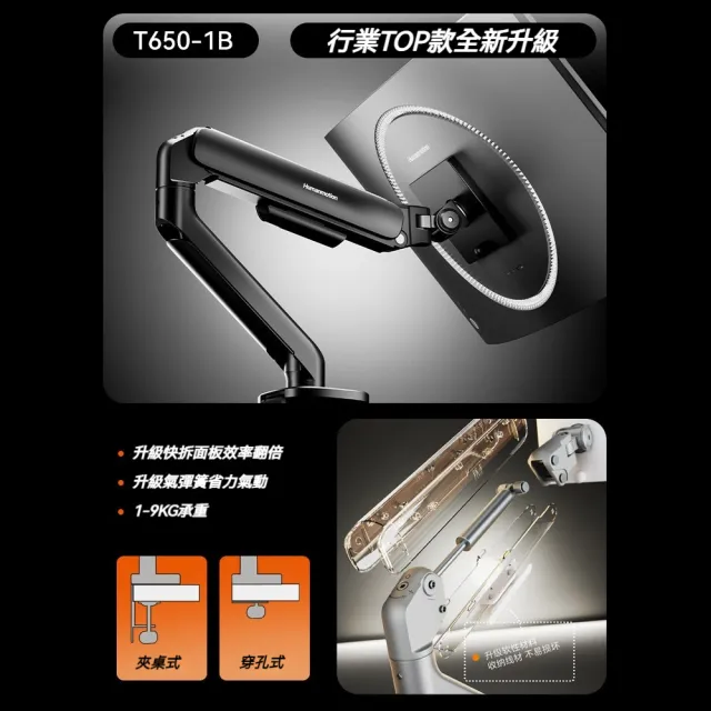 YIZ藝匠 電腦顯示器機械臂 氣動支架 T650雙臂款（可調阻尼 支援曲屏 承重範圍廣 安裝便捷）