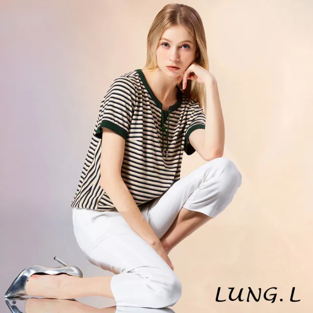 【LUNG.L 林佳樺】LW35A 綠色條紋領口綁帶涼感短袖女裝上衣