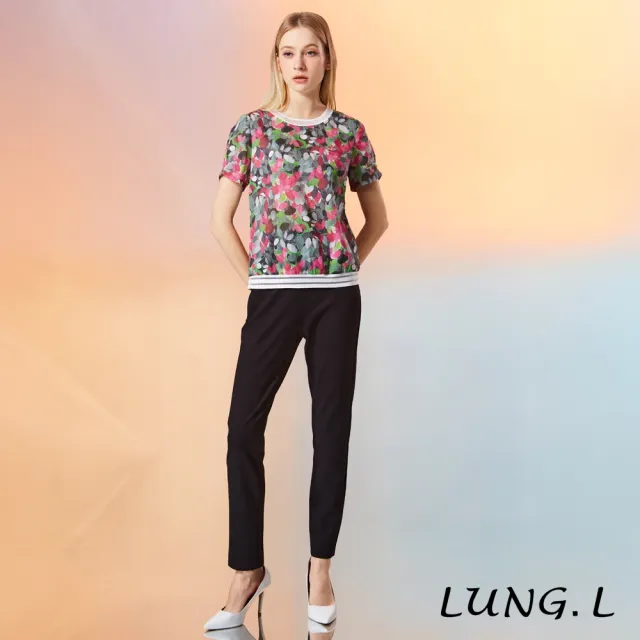 【LUNG.L 林佳樺】LW29A 黑底彩色花卉拼接圓領短袖女裝上衣（加大尺碼）