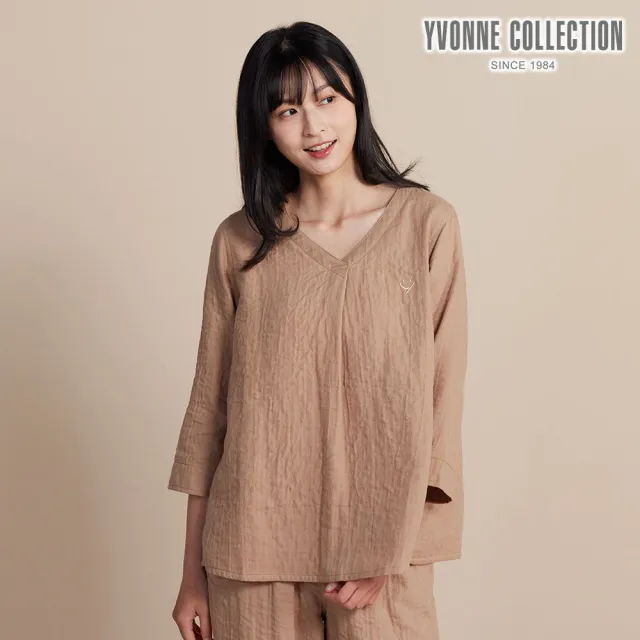 【YVONNE 以旺傢飾】雙層紗繡花七分袖上衣-摩卡棕