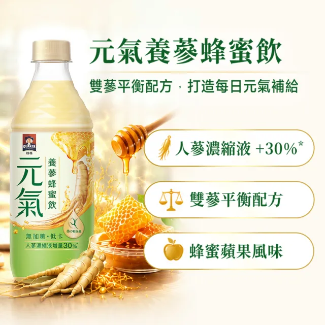 【QUAKER 桂格】無加糖機能飲450mlx24入x3箱(養蔘蜂蜜/膠原莓果/百香檸檬)輕保養果味飲